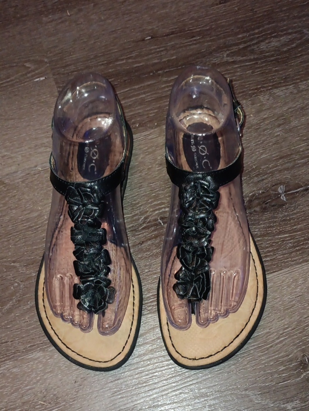 Black Floral T-Strap Sandals with Ankle Buckle